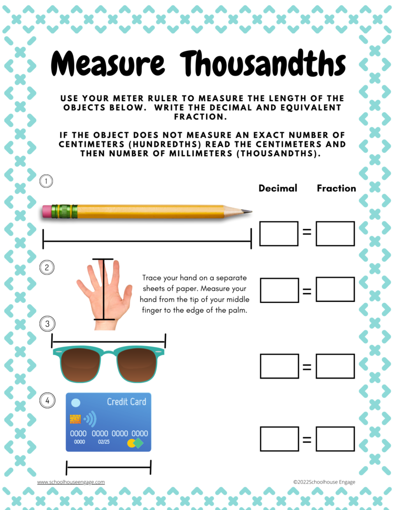 Measure thousandths worksheet using meter ruler or meter tape