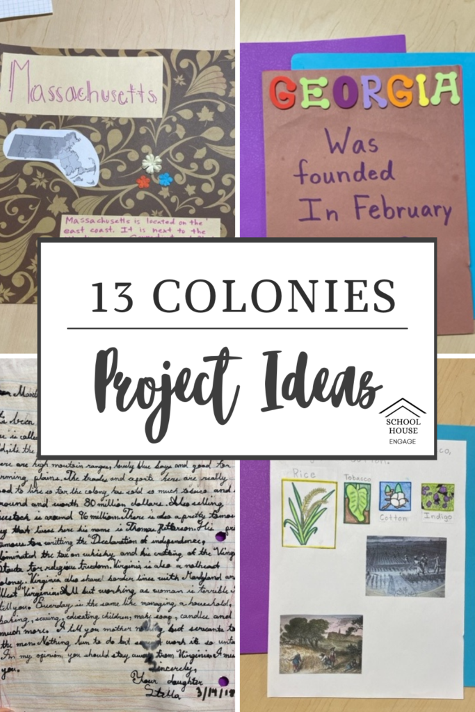 Students examples of 13 colonies project. Image has a scrapbook example and letter from a colonist.