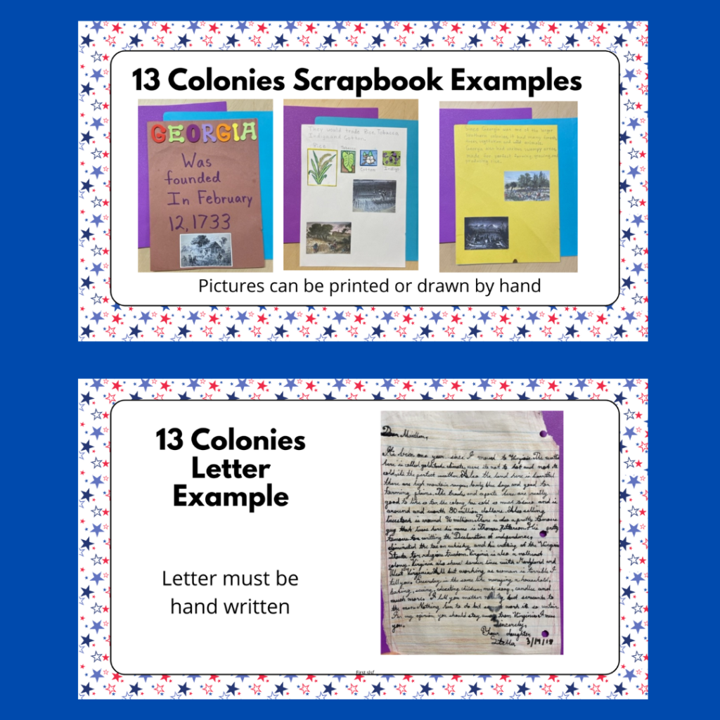 Google Slides with examples of student scrapbook and letter for 13 Colonies project