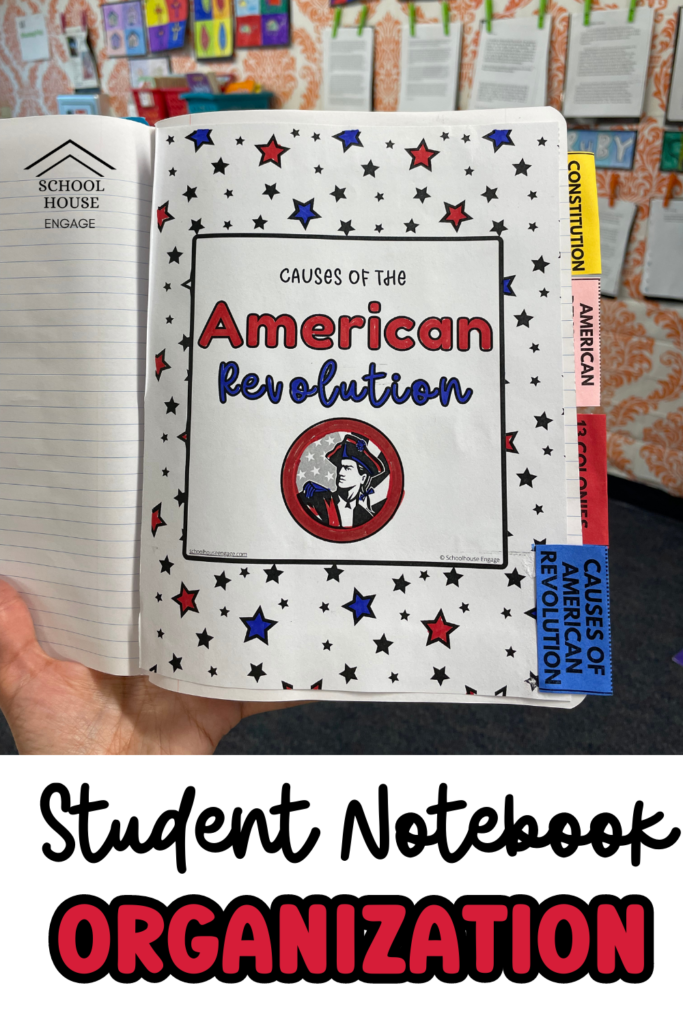 Teacher holding a Social Studies composition notebook with divider tabs for organization