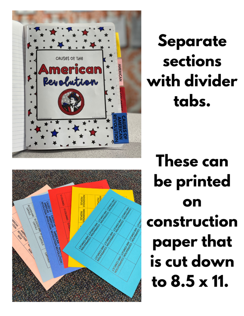 Picture of causes of the American Revolution notebook divider with divider tabs. Picture of construction paper that that was cut down to 8.5 x 11 and printed on a copy machine