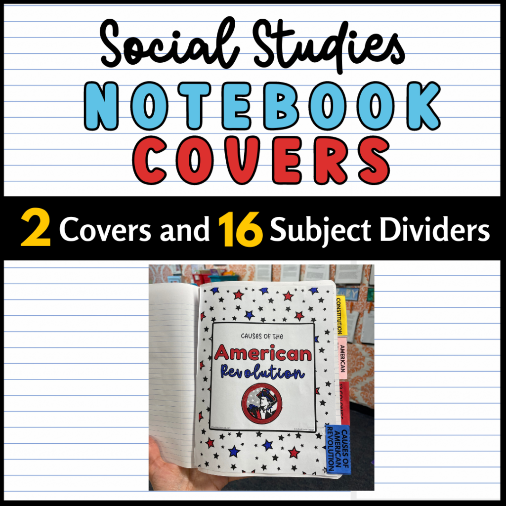 Teacher holding a Social Studies composition notebook with divider tabs for organization. 16 subject dividers and 2 covers with tabs.