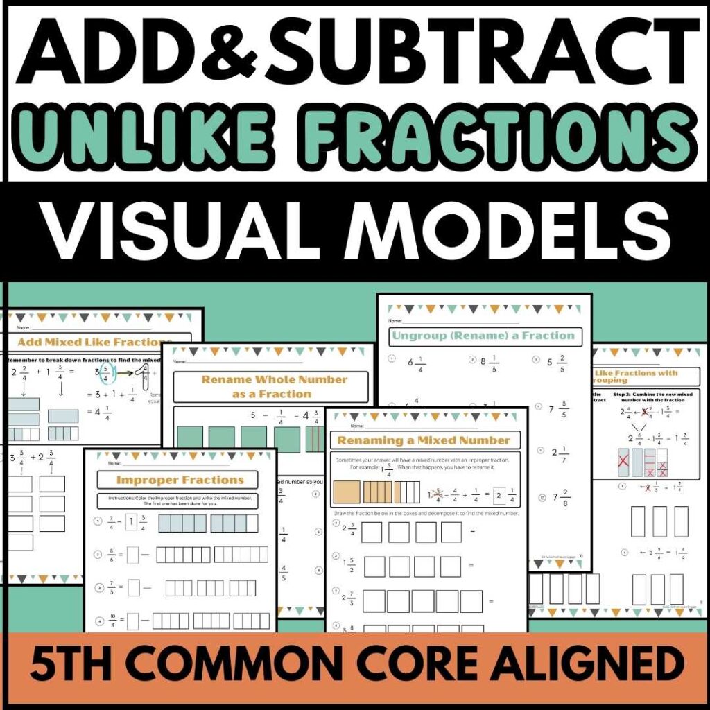 Add and subtract unlike fractions with visual models