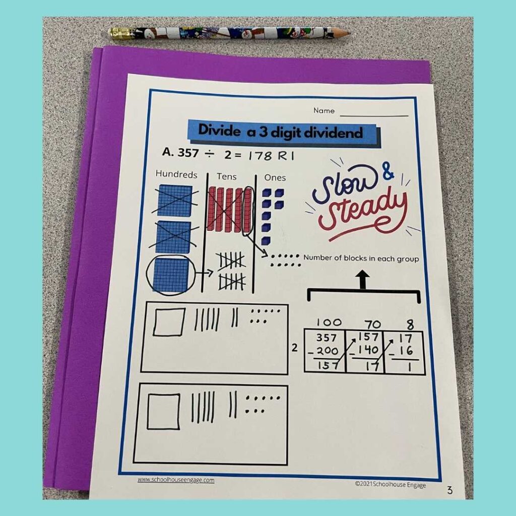 Long division using base tens blocks with a visual model worksheet