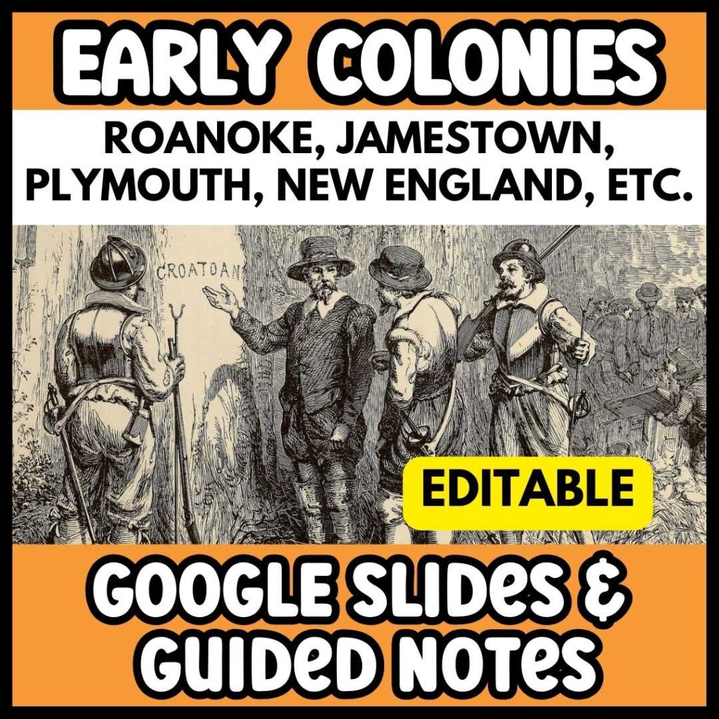 Solider looking at Roanoke Tree and Text: Early Colonies Roanoke, Jamestown, Plymouth, New England Google slides and guided notes