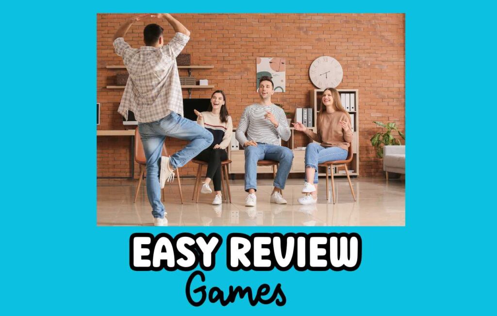 Students playing a game and text: easy review games