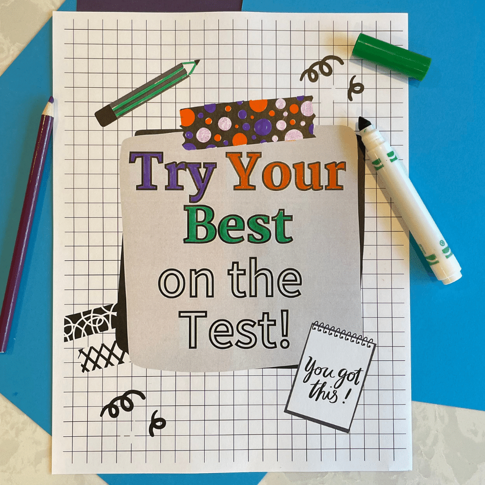 Coloring sign that says Try Your Best on the Test