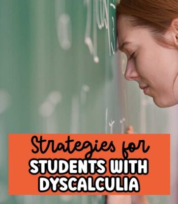 student frustrated with head on chalk board. Text: Strategies for students with dyscalculia