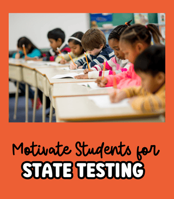 Students working at desks and text: Motivate students for state testing