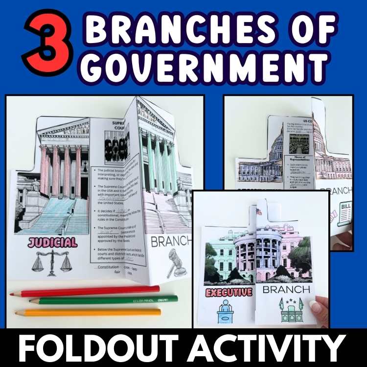 3 branches of government foldout coloring worksheet for kids