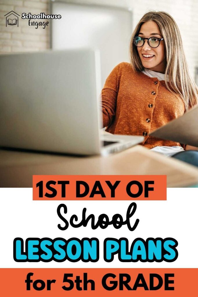 1st Day of School Lesson plans and teacher at a desk with the computer