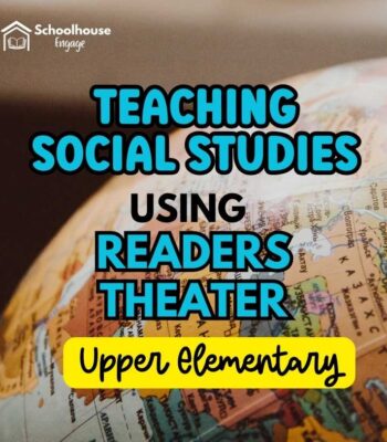 Globe with tax that says "teaching social studies, using readers theater upper elementary"