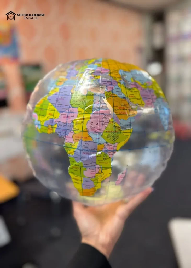 Plastic globe ball to play geography game in 5th grade