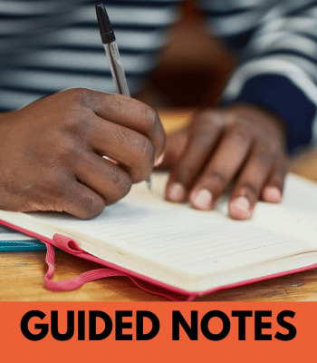 Student writing in notebook. Text: Guided Notes