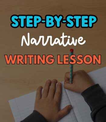 Step-by-step narrative writing lesson with student holding pencil and writing in notebook