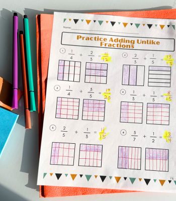 Adding Unlike Fractions Worksheet with pens