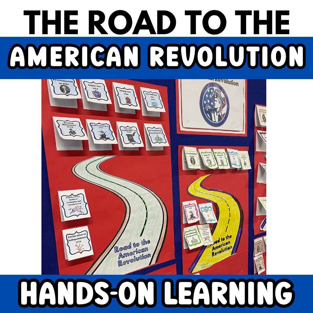 American Revolution Hands on Activities Poster hanging on wall with tIme line in classroom