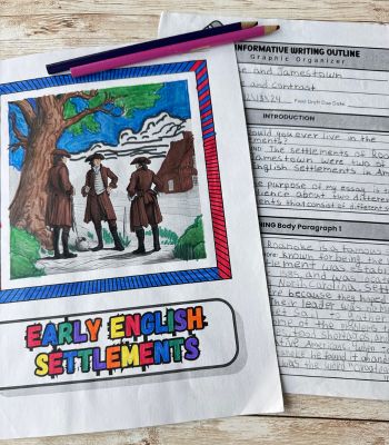 Early Colonies Compare and Contrast Informative essay outline and coloring cover sheet with color pencils