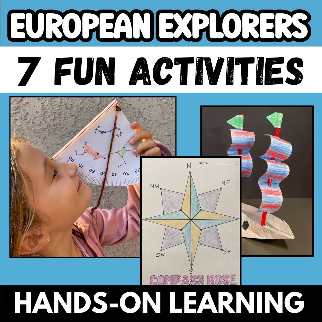 European Explorer Activities Hands On Compass rose coloring sheet, a girl using a paper astrolabe, and a paper ship made out of straw and paper