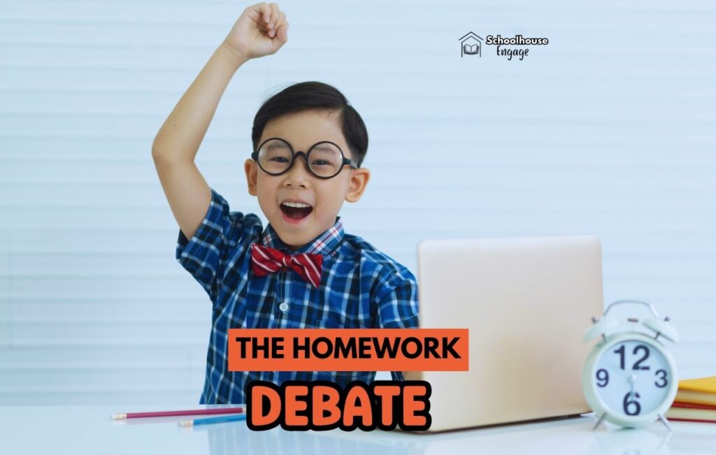 Student with laptop and text that says "The Homework Debate"