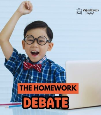 Student with laptop and text that says "The Homework Debate"