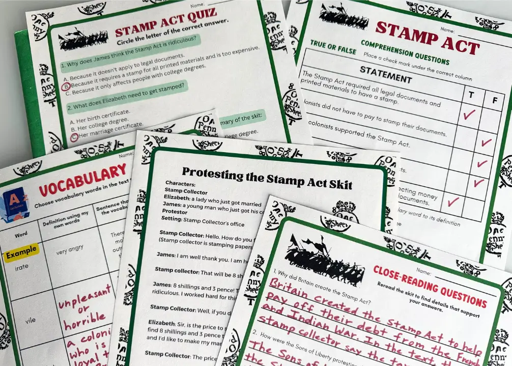 Stamp Act Readers Theater and Comprehension, close reading questions and vocabulary worksheets