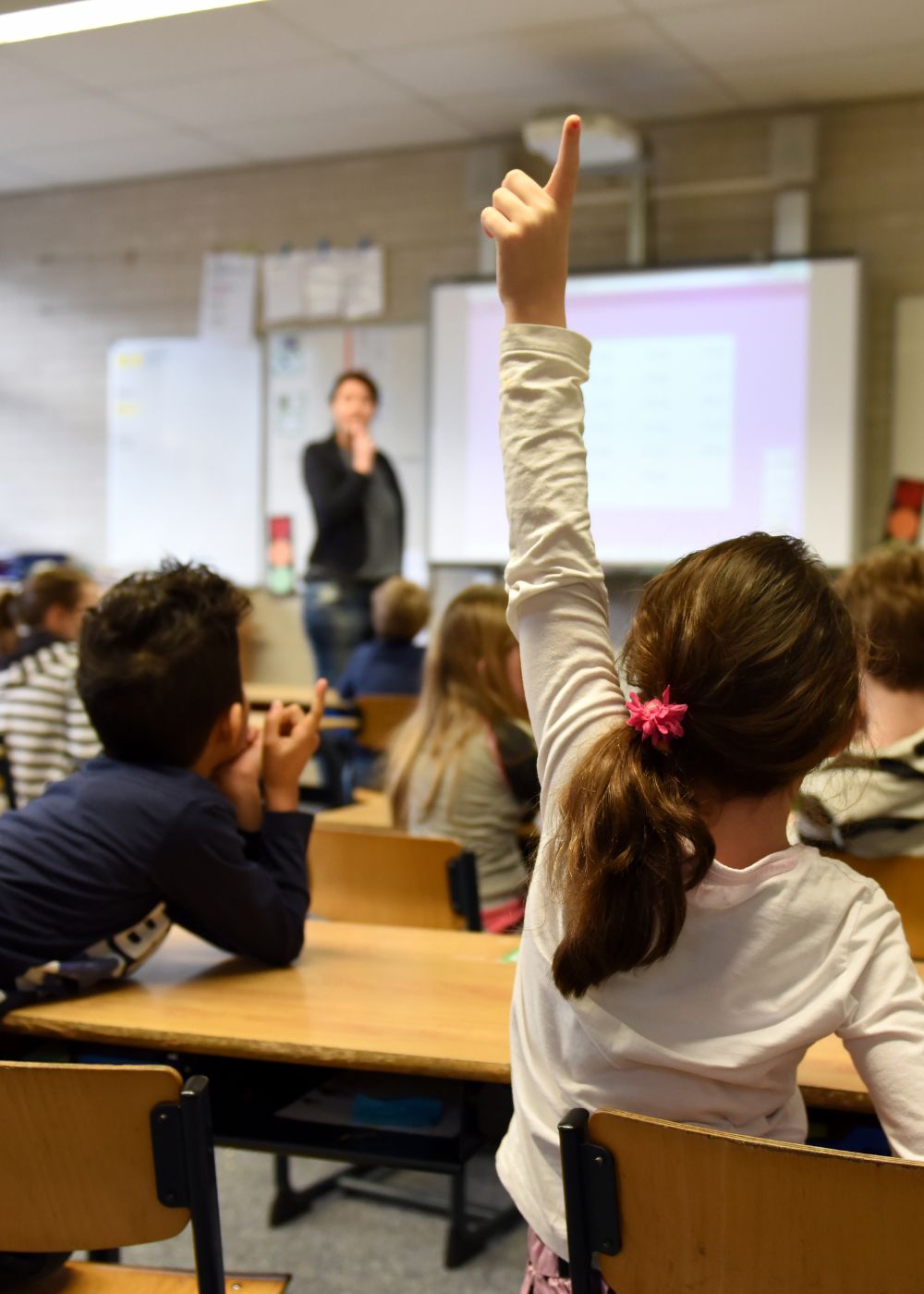 Student raising their hand in the classroom