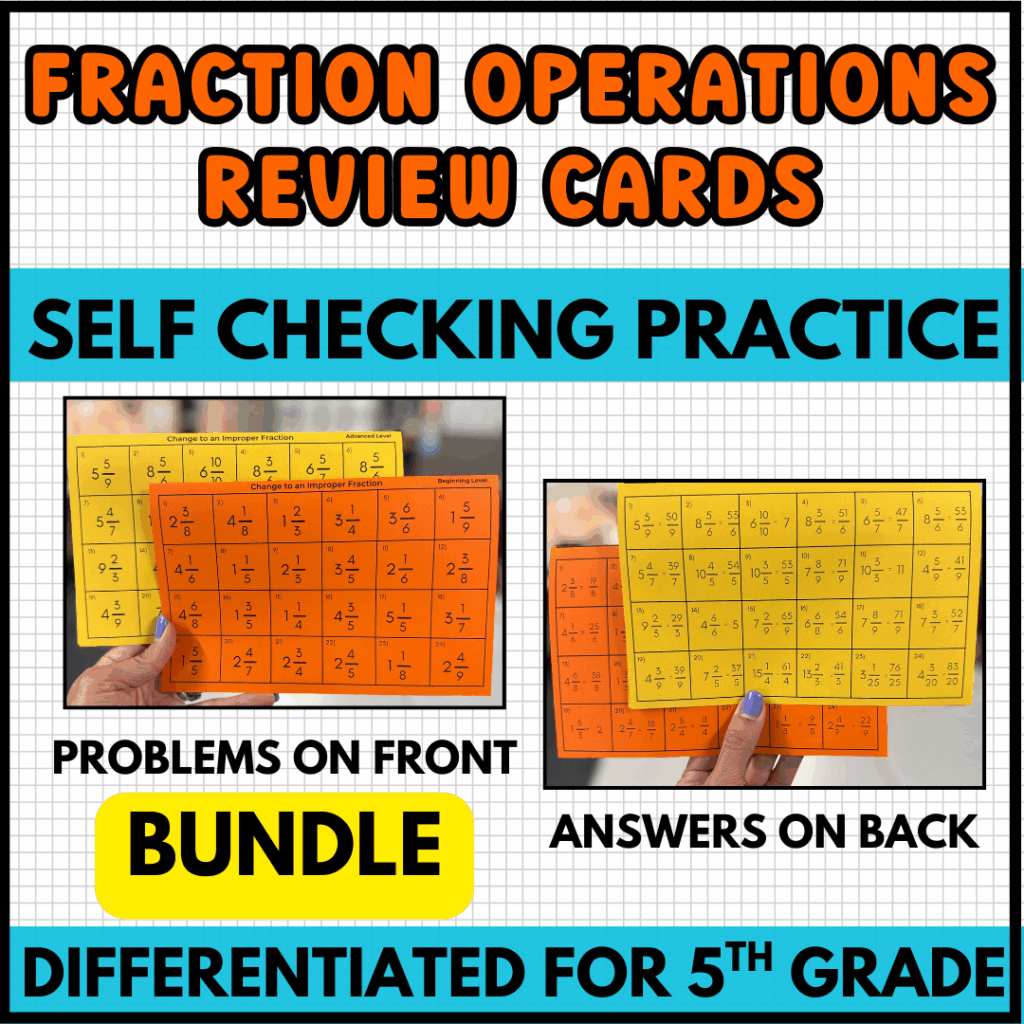 Fraction Operations Review Cards Self Checking Practice Differentiated for 5th grade