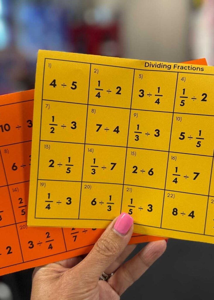 Dividing fractions cards for review and drills