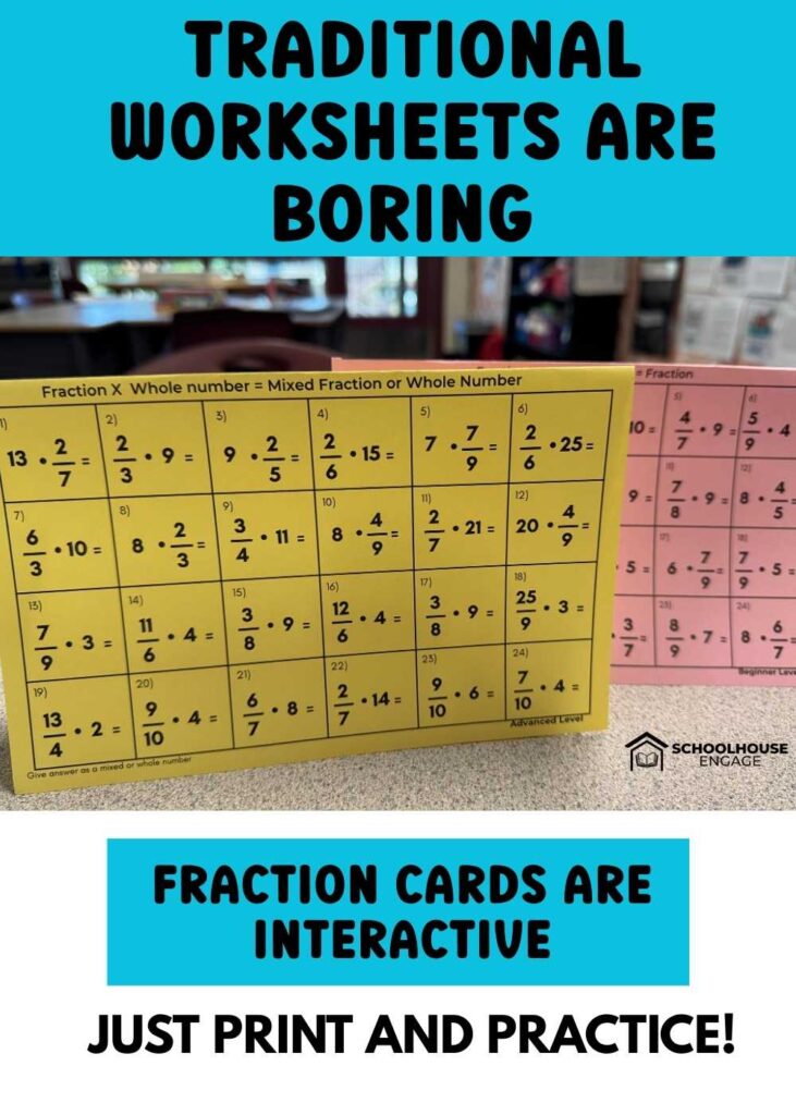 Fraction x a whole number flashcards. Traditional Worksheets are boring and fraction cards are interactive.