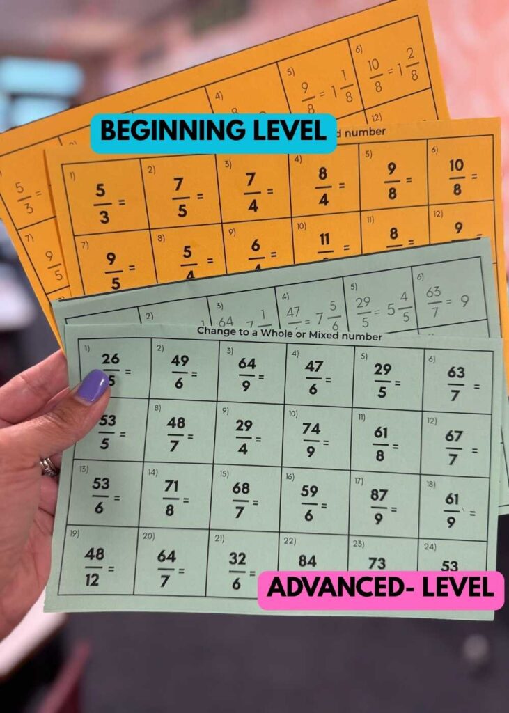 Improper fraction to mixed number drill flashcards