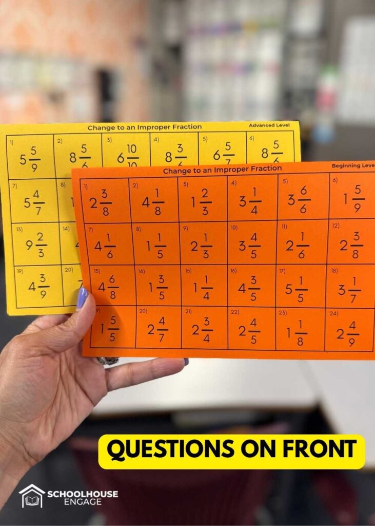 Mixed fractions to improper fraction cards for practice and drills