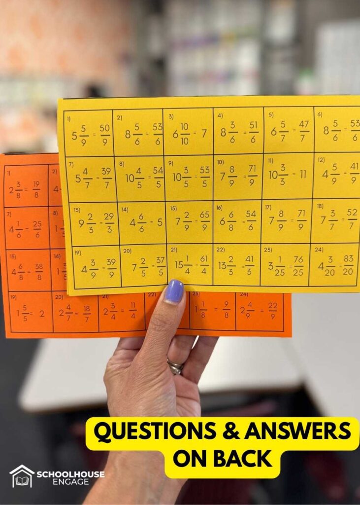 Mixed fractions to improper fraction cards with questions and answers on back