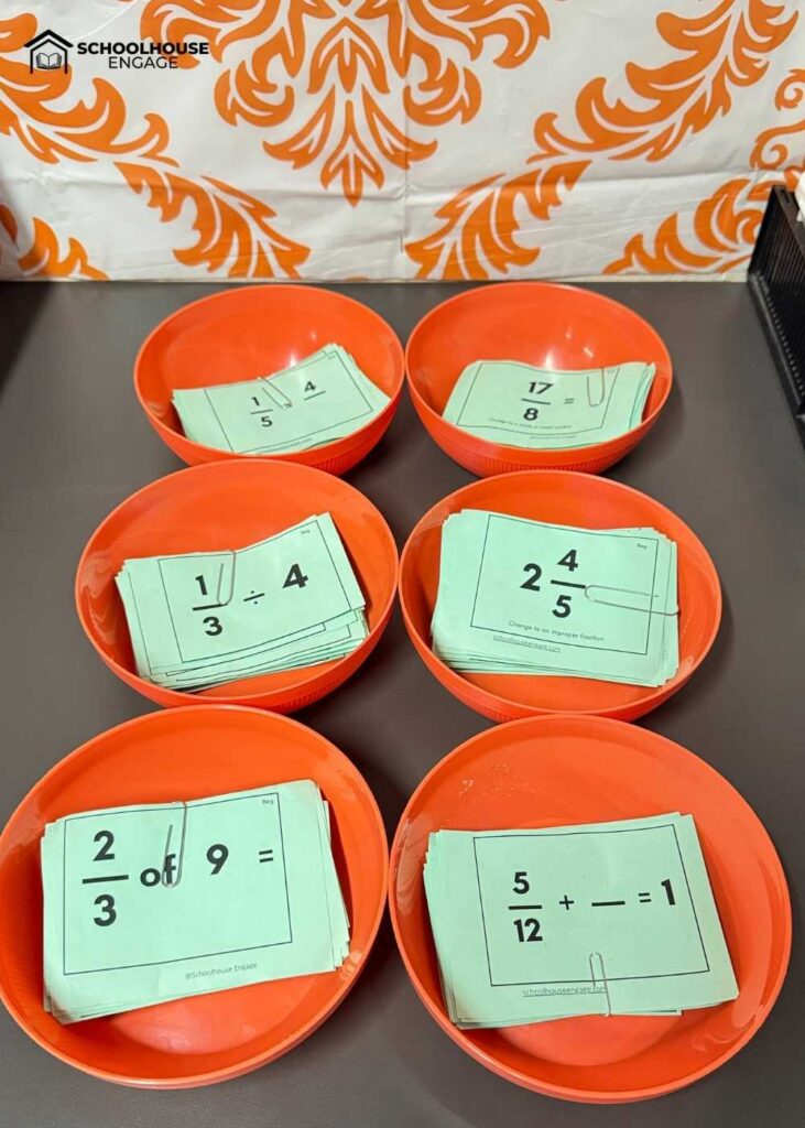 Kaboom fraction game in 6 bowl containers