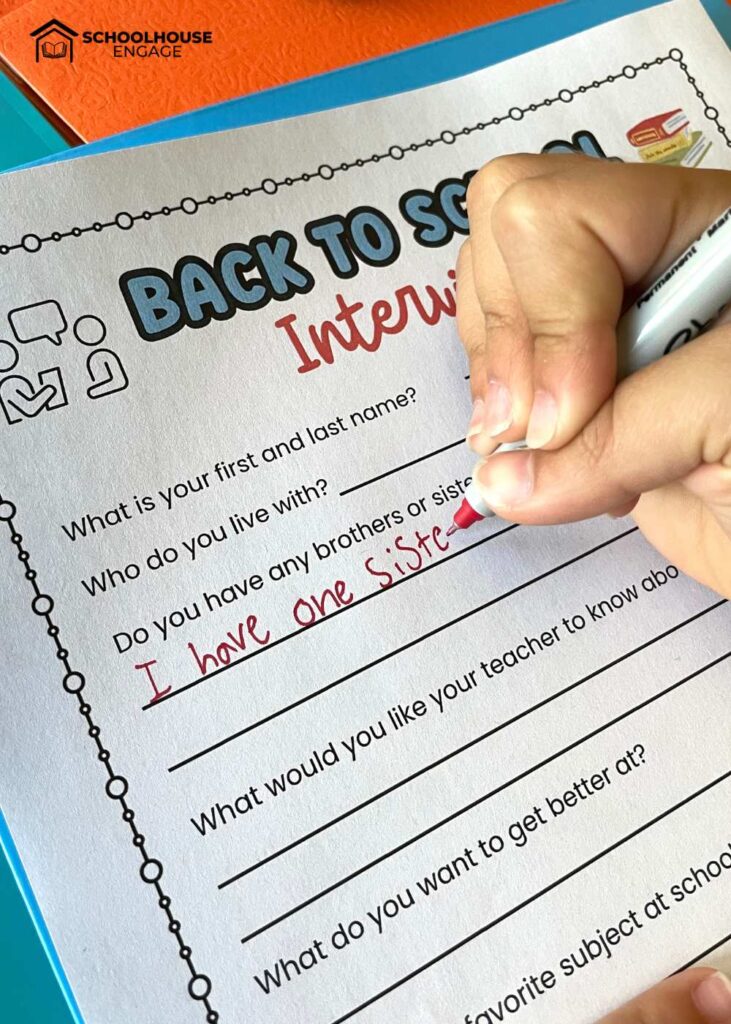 Back to school interview and a child answering questions on a worksheet
