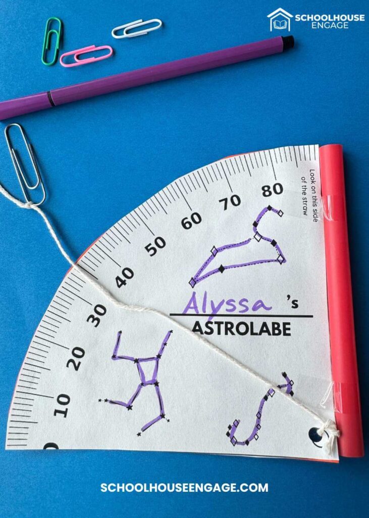 European Explorers Astrolabe Paper Craft with constellations for Students with straw, string, and paper clip