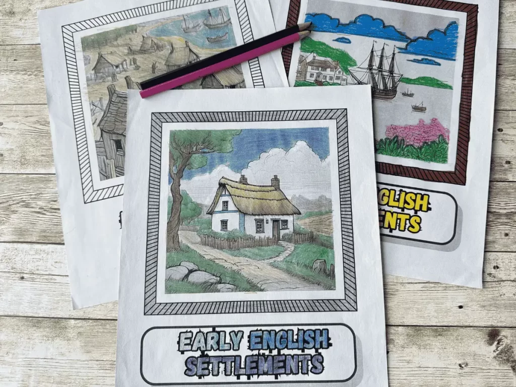 Early English Settlements coloring pages for report Jamestown, Roanoke, Plymouth