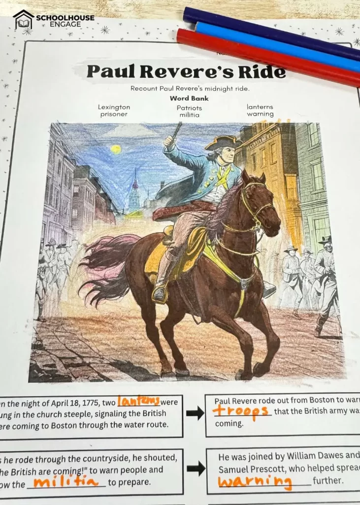 Paul Revere's Ride Coloring Worksheet with facts about his midnight ride
