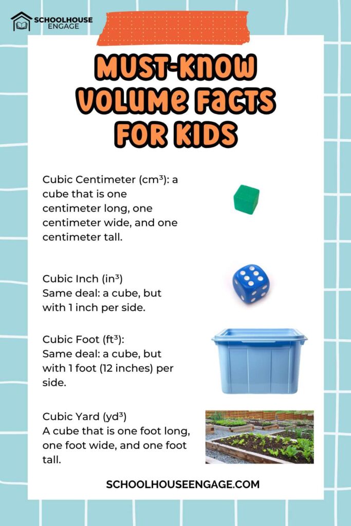 Must Know Volume Facts for Kids to teach what a cubic centimeter, inch, foot, and yard is with examples