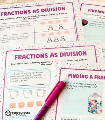 Fractions as Division Free PDF Worksheets with visual models for 5th grade students