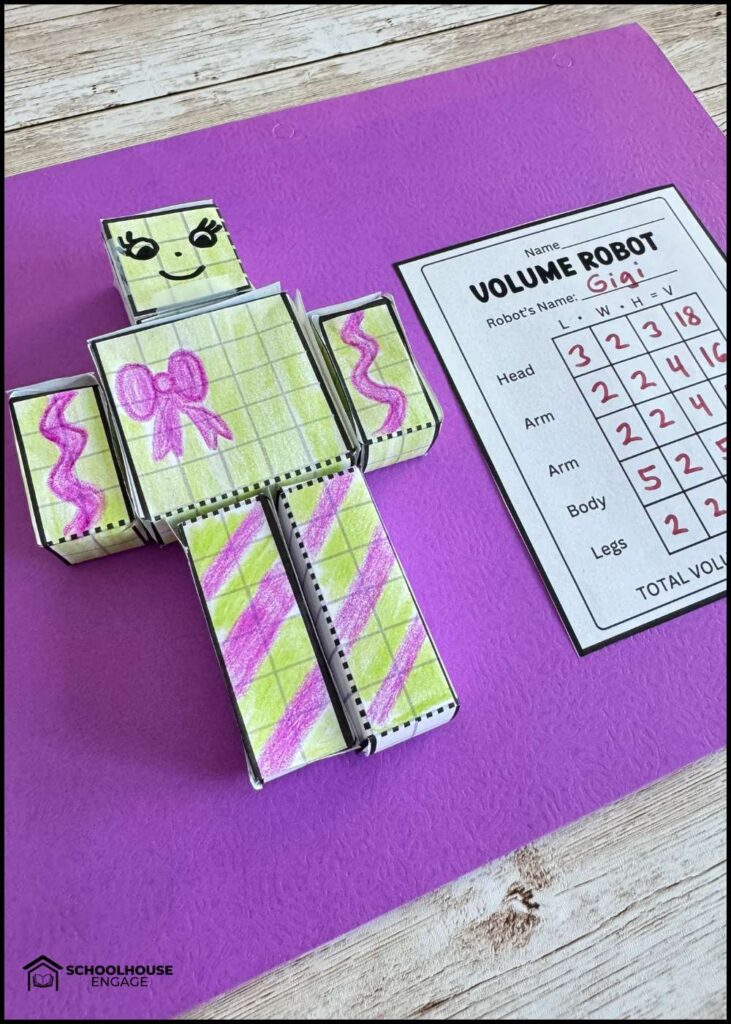 Measure Volume 3D Robot or paper doll activity and recording sheet for 5th grade