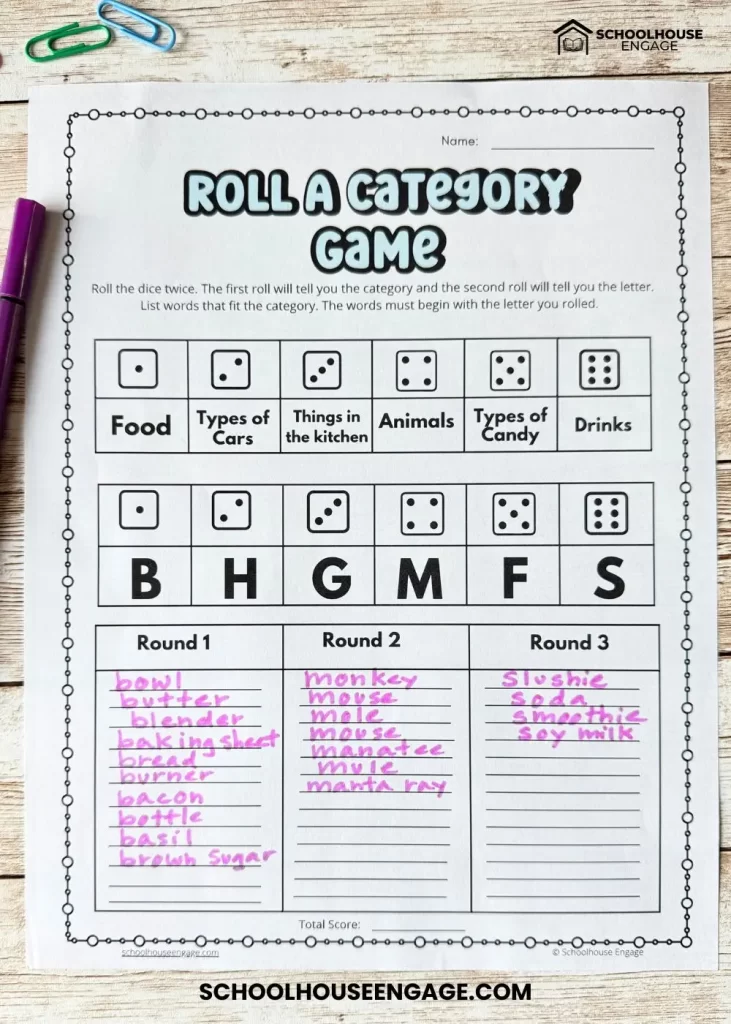 Roll a Category Game Back to School