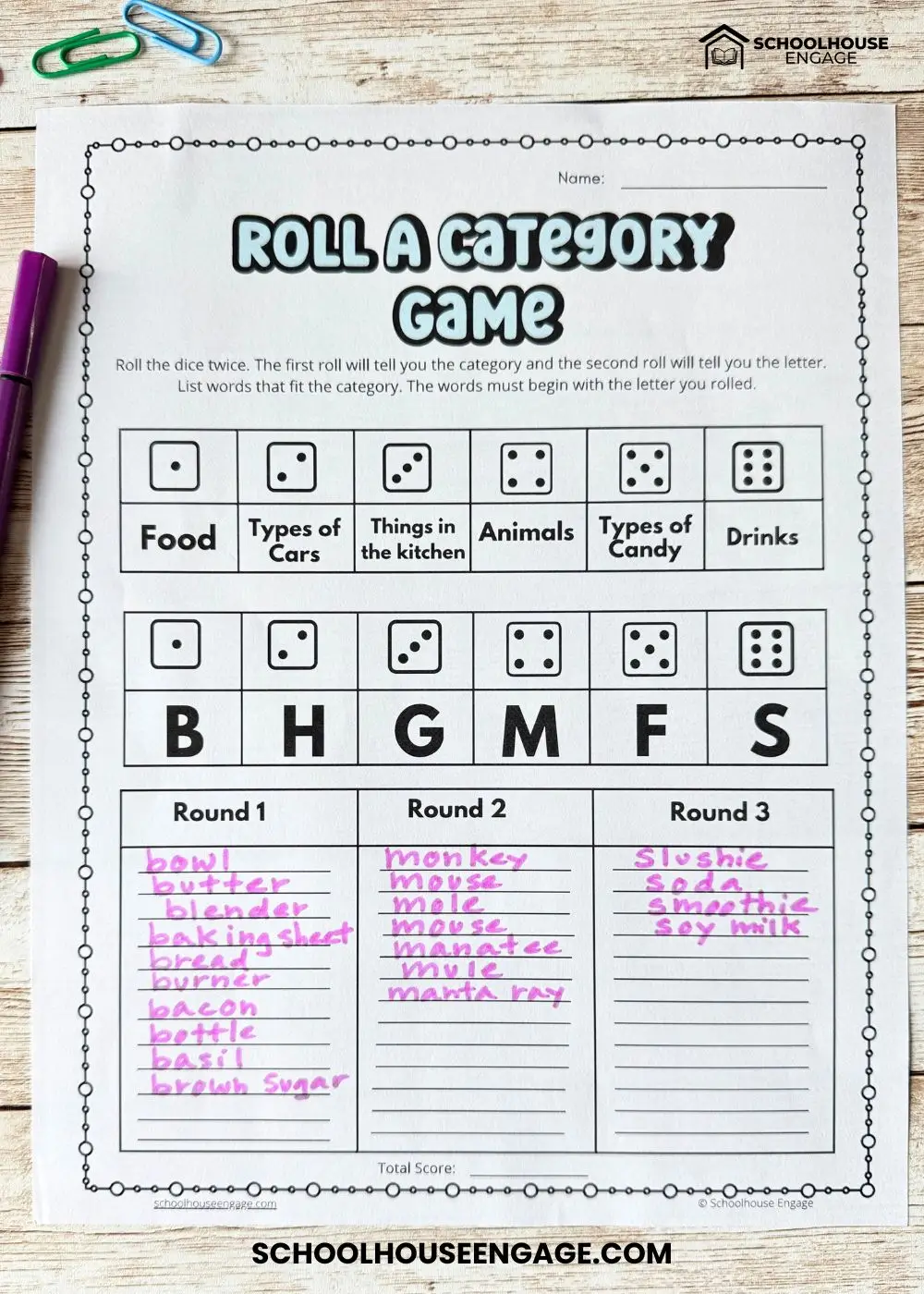 Roll a Category Game Back to School