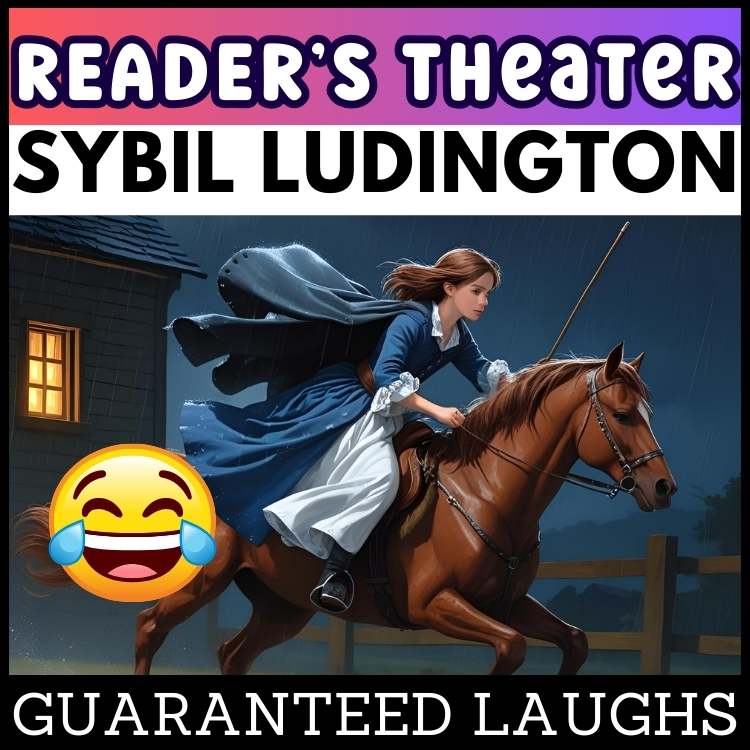 Sybil Ludington Readers Theater. Sybil is on a horse racing during the night. She has a stick in her hand and there is a laughing emoji and text that says: Guaranteed laughs.