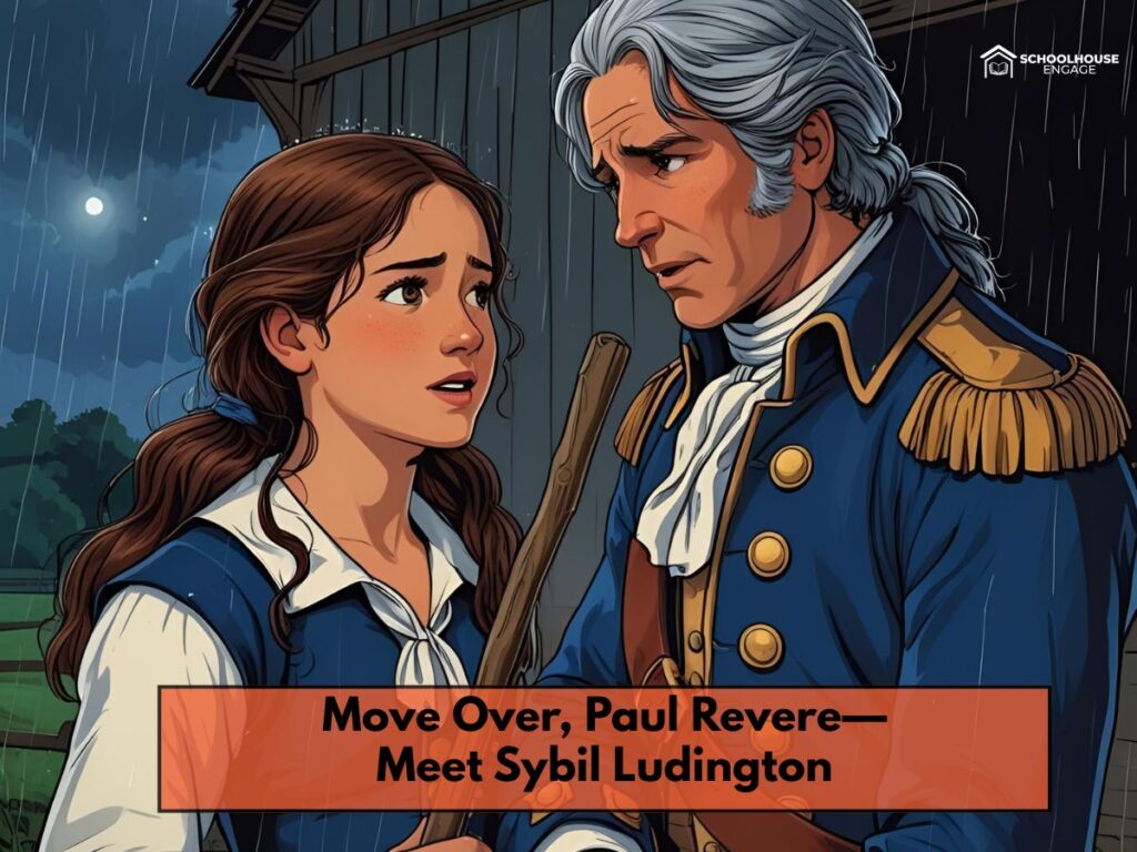 Sybil Ludington with Colonel Ludington in front of a barn