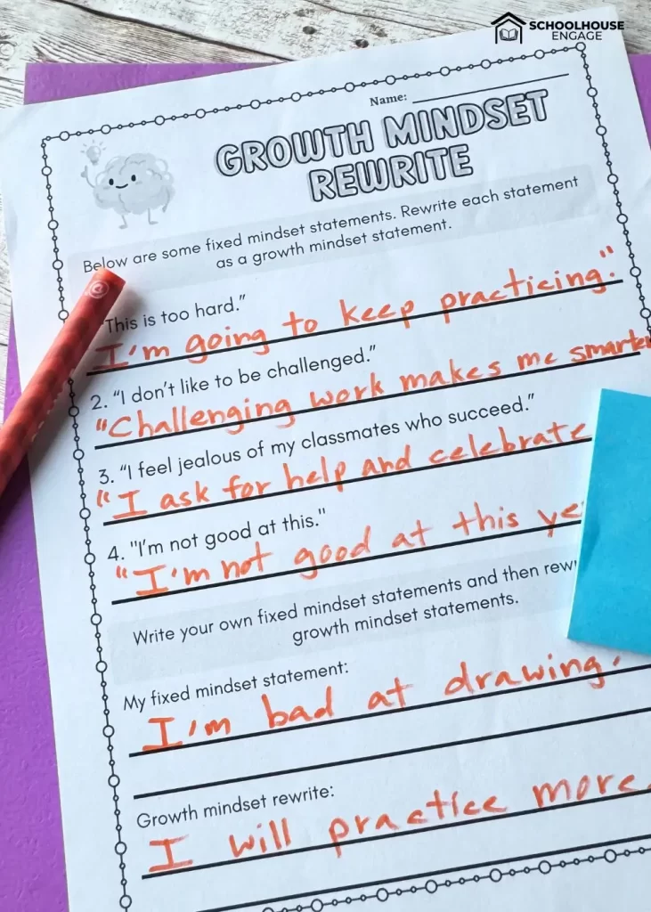 Growth Mindset Rewrite Worksheet Activity