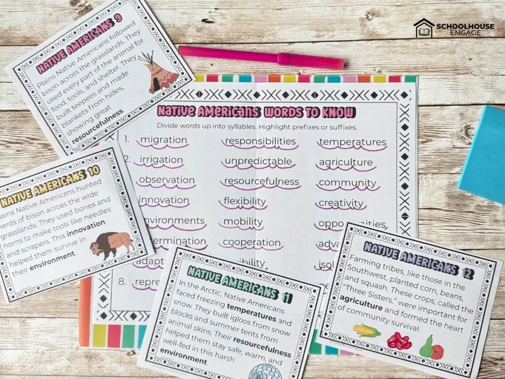 Native American Fluency Task cards multisyllabic words divided up into syllables