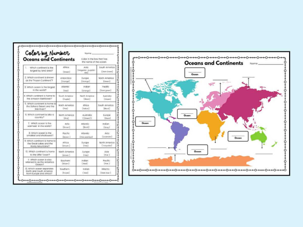 Color by answer oceans and continents worksheet