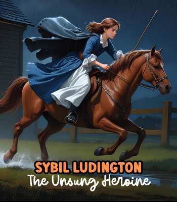 A teen girl on a horse racing in the night during the American Revolution. Her name is Sybil Ludington. Text says: Unsung Heroine