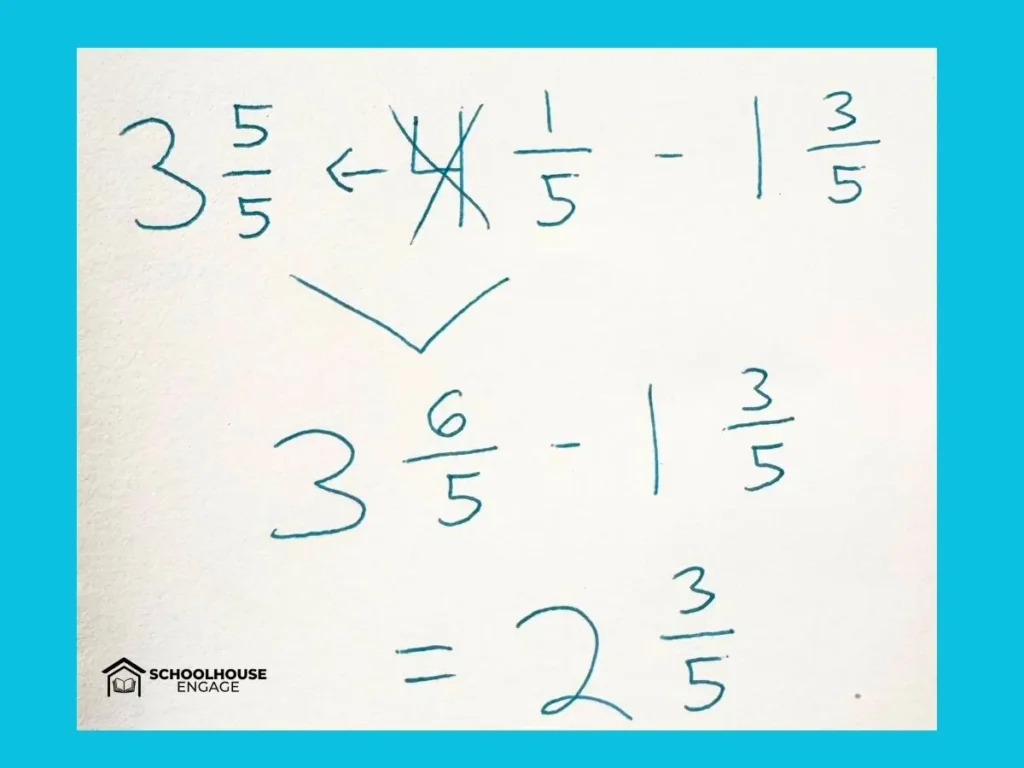 Example of Subtract Mixed Numbers with regrouping or ungrouping or borrowing 5th grade fractions